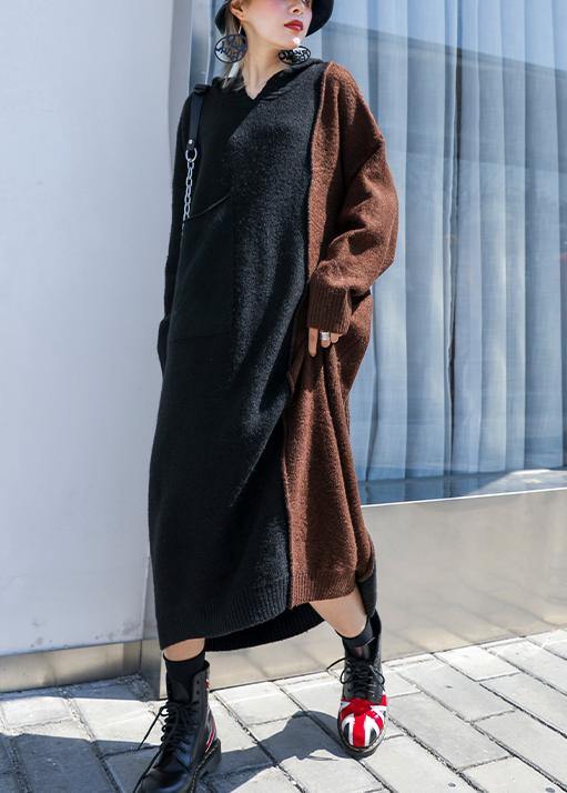Fashion chocolate Sweater dress outfit Vintage hooded patchwork Art knit dresses - SooLinen