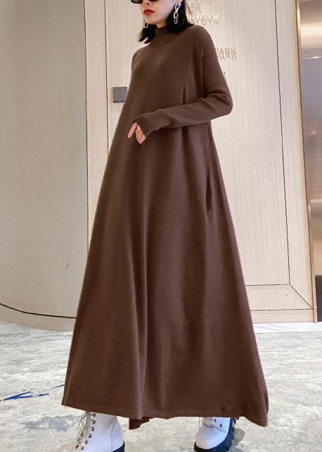 Fashion chocolate Sweater dresses Refashion high neck large hem Mujer fall knitwear - SooLinen