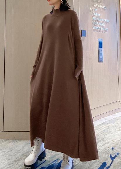 Fashion chocolate Sweater dresses Refashion high neck large hem Mujer fall knitwear - SooLinen