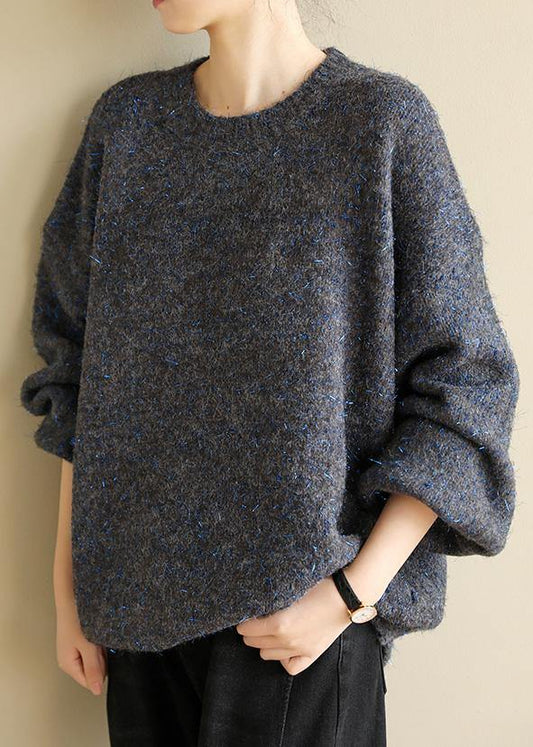 Fashion dark black gray knit tops long sleeve casual o neck knitwear - SooLinen
