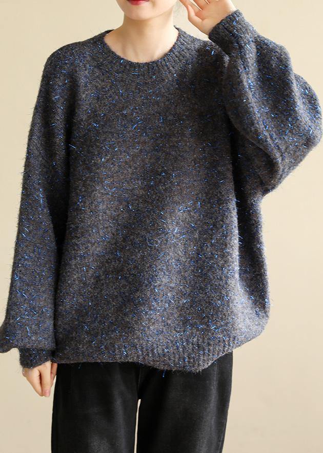 Fashion dark black gray knit tops long sleeve casual o neck knitwear - SooLinen