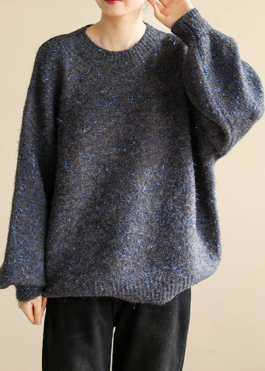 Fashion dark black gray knit tops long sleeve casual o neck knitwear - SooLinen