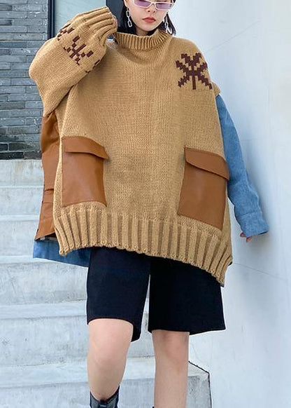 Fashion fall khaki knit tops plus size o neck patchwork sweater tops - SooLinen