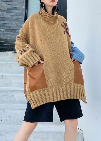 Fashion fall khaki knit tops plus size o neck patchwork sweater tops - SooLinen