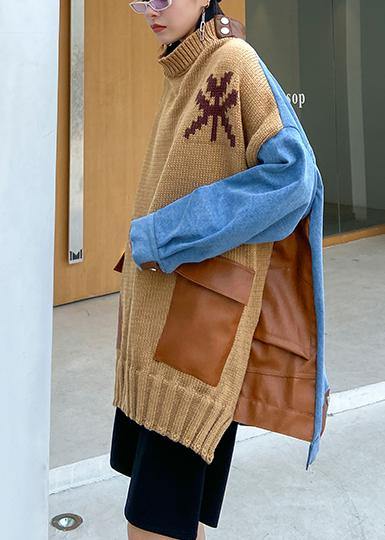 Fashion fall khaki knit tops plus size o neck patchwork sweater tops - SooLinen