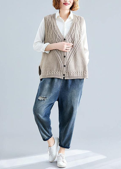 Fashion fall light khaki knit tops oversize sleeveless clothes For Women - SooLinen
