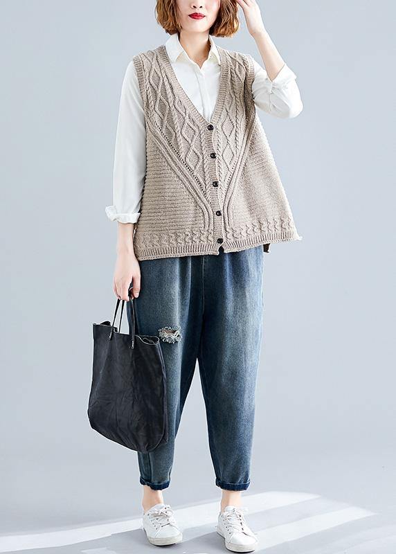 Fashion fall light khaki knit tops oversize sleeveless clothes For Women - SooLinen