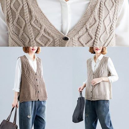 Fashion fall light khaki knit tops oversize sleeveless clothes For Women - SooLinen
