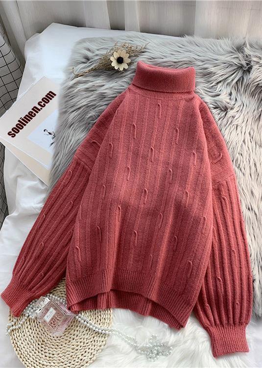 Fashion high neck  purpke redknit tops oversized cable knitted top - SooLinen
