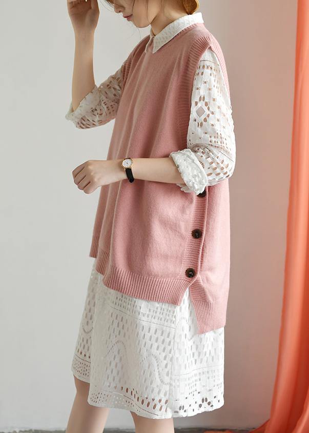 Fashion nude knitted top oversized o neck knit tops low high design - SooLinen