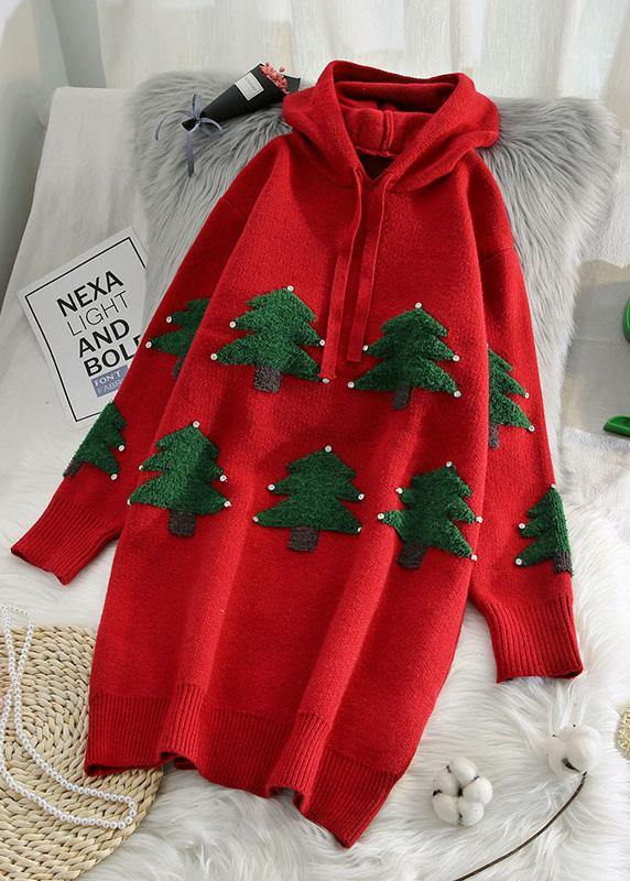 Fashion red Sweater weather Vintage hooded drawstring Hipster knitwear - SooLinen