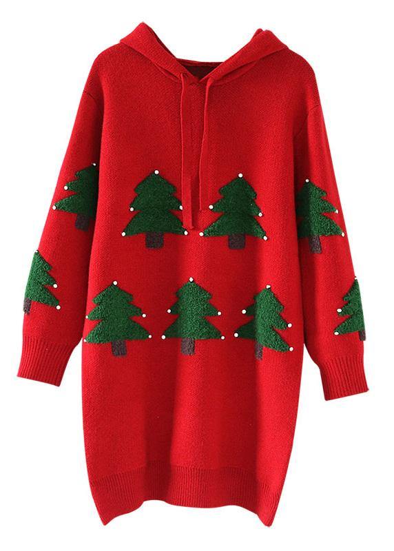 Fashion red Sweater weather Vintage hooded drawstring Hipster knitwear - SooLinen