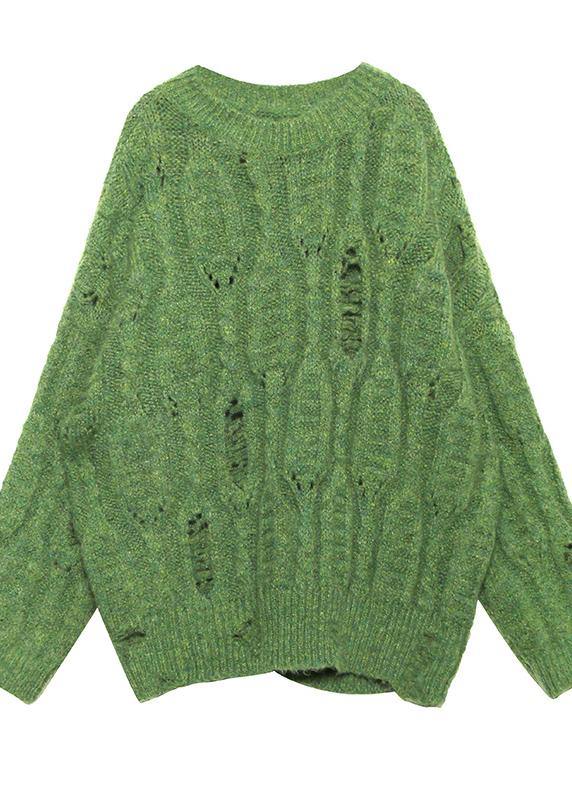 Fashion winter green sweaters plus size o neck patchwork Hole knit blouse - SooLinen