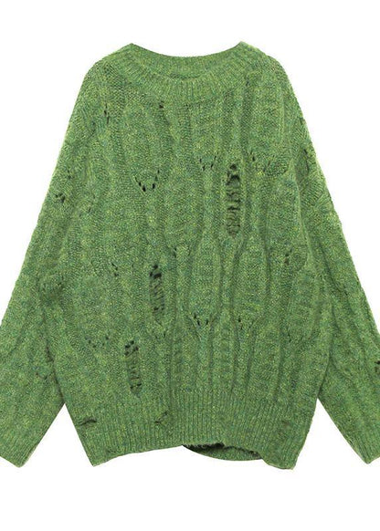 Fashion winter green sweaters plus size o neck patchwork Hole knit blouse - SooLinen