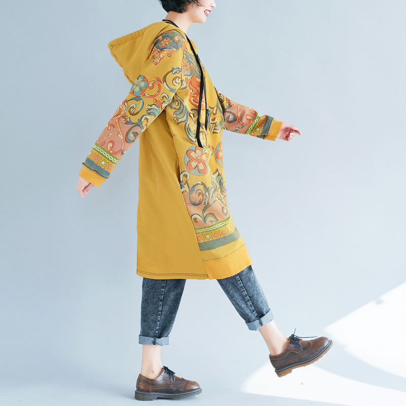 Fashion Yellow Hooded side open Print Sweatshirt dresses Spring