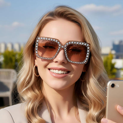 Fashionable Brown Large Frame Versatile Zircon Studded Sunglasses