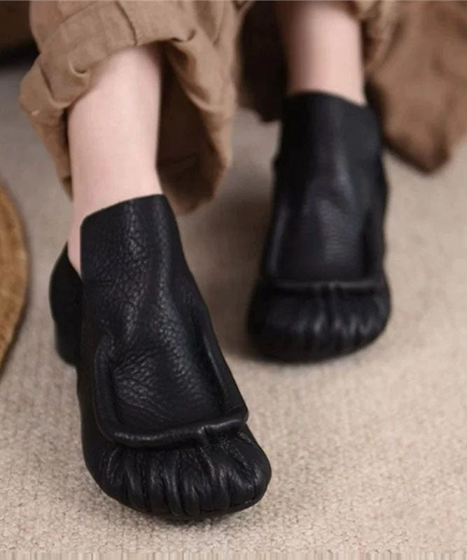 Faux Leather Flat Feet Shoes Black Wrinkled Flat Shoes For Women