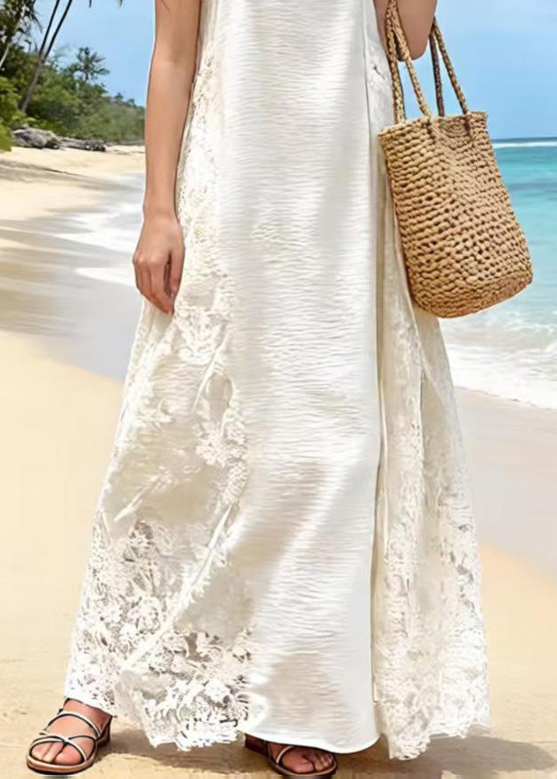 Fine Apricot Lace Patchwork Cotton Spaghetti Strap Dress Summer