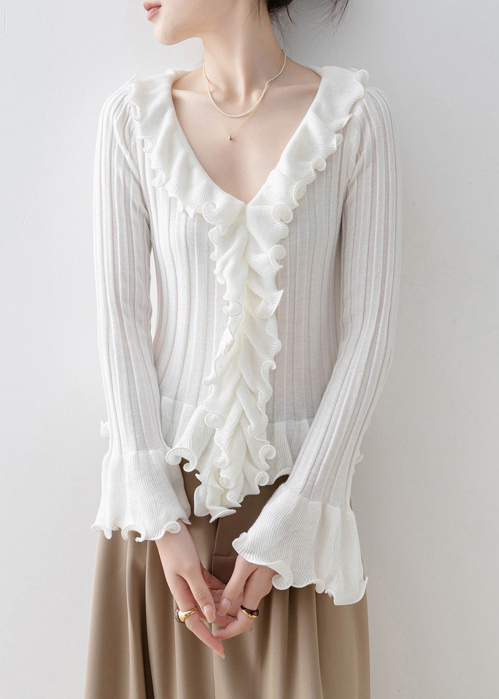 Fine Apricot Ruffled Patchwork Slim Fit Knit Top Spring