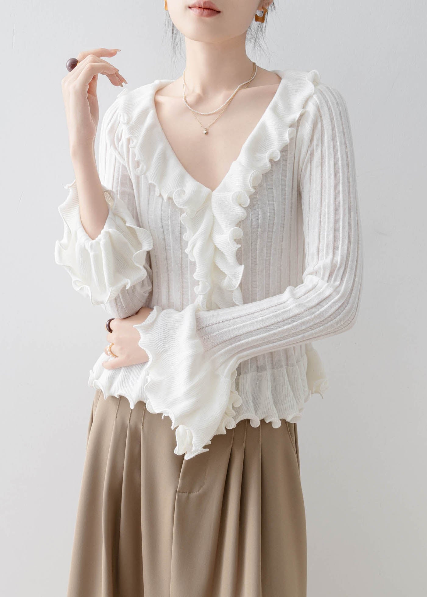 Fine Apricot Ruffled Patchwork Slim Fit Knit Top Spring