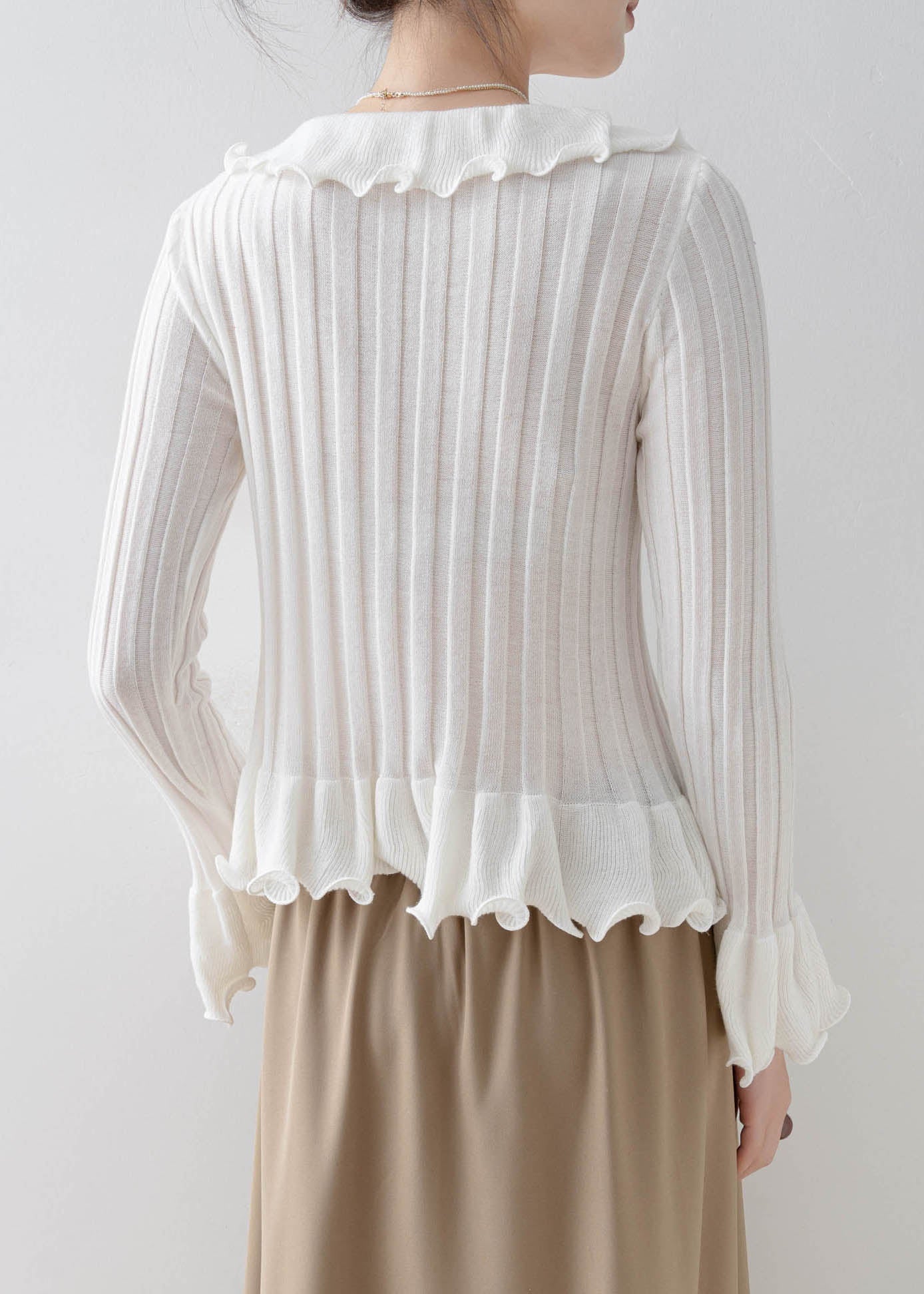 Fine Apricot Ruffled Patchwork Slim Fit Knit Top Spring