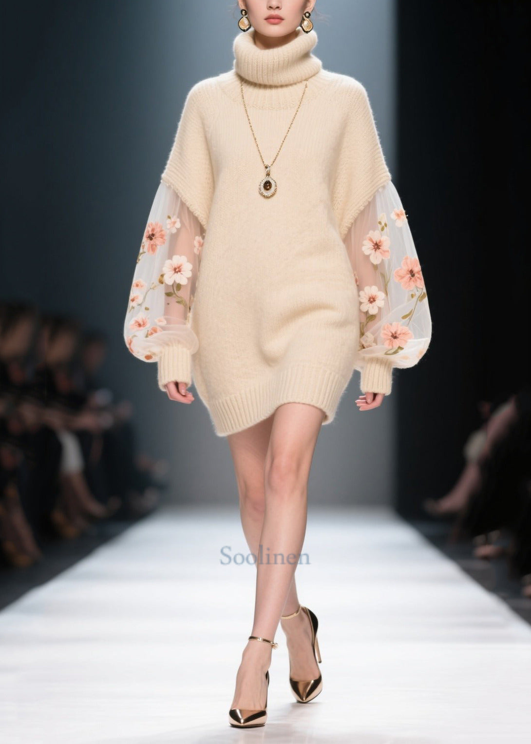 Fine Apricot Turtle Neck Patchwork Tulle Knit Mini Dress Winter