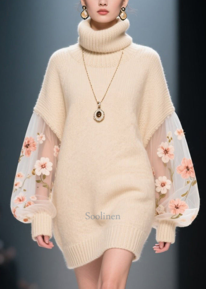 Fine Apricot Turtle Neck Patchwork Tulle Knit Mini Dress Winter