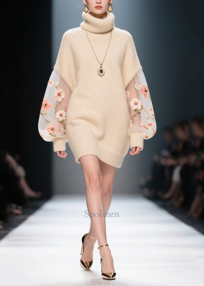 Fine Apricot Turtle Neck Patchwork Tulle Knit Mini Dress Winter