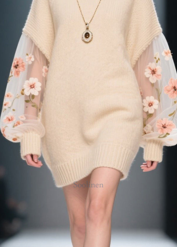 Fine Apricot Turtle Neck Patchwork Tulle Knit Mini Dress Winter