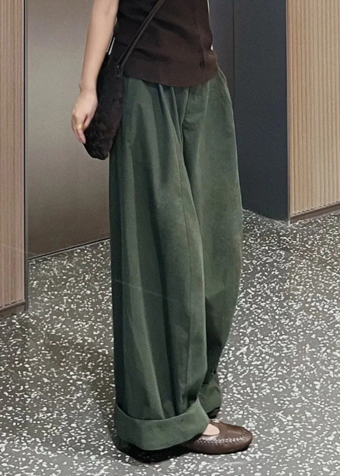 Fine Army Green Oversized Cotton Wide Leg Pants Trousers Spring