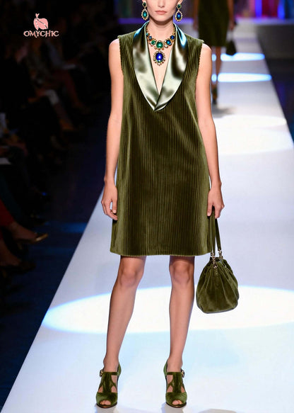 Fine Army Green V Neck Patchwork Corduroy Shift Dresses Sleeveless