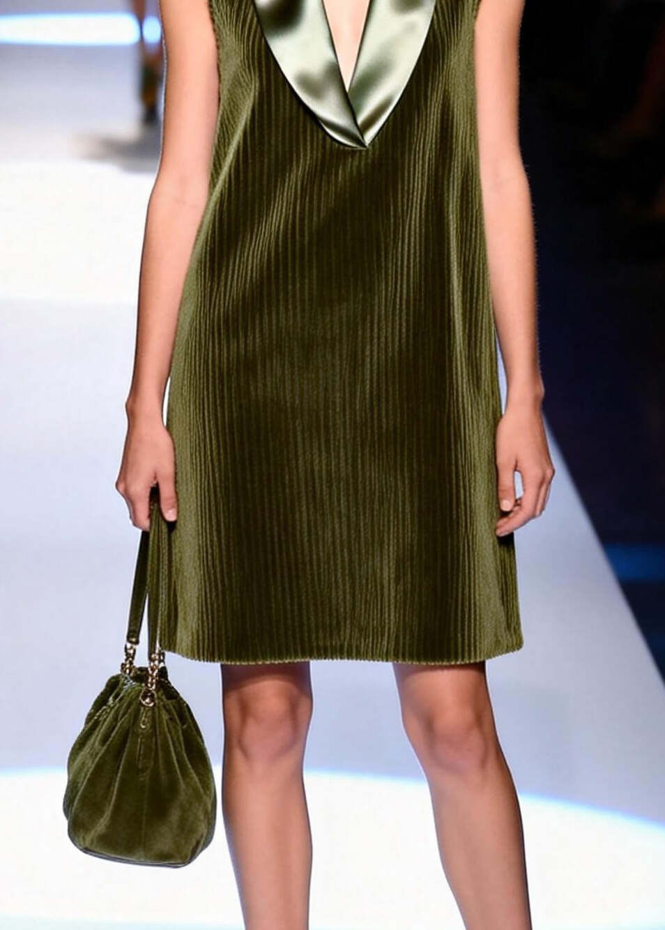 Fine Army Green V Neck Patchwork Corduroy Shift Dresses Sleeveless