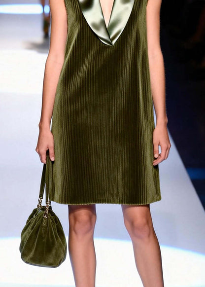 Fine Army Green V Neck Patchwork Corduroy Shift Dresses Sleeveless