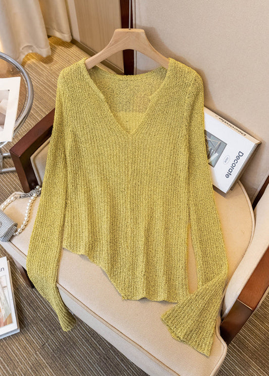 Fine Asymmetrical Design Knit Tops Flare Sleeve