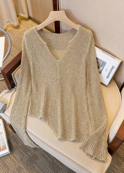 Fine Asymmetrical Design Knit Tops Flare Sleeve