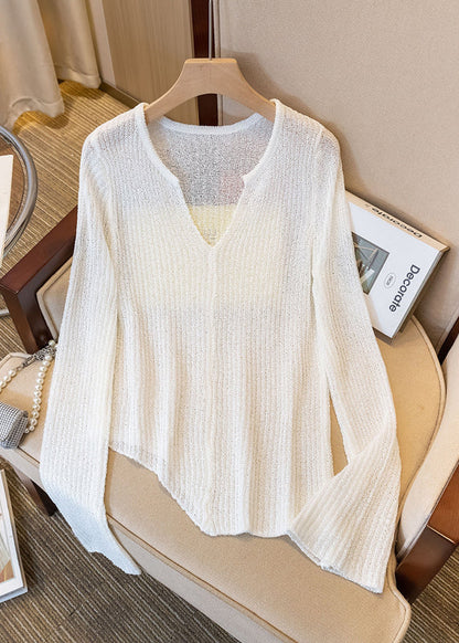 Fine Asymmetrical Design Knit Tops Flare Sleeve