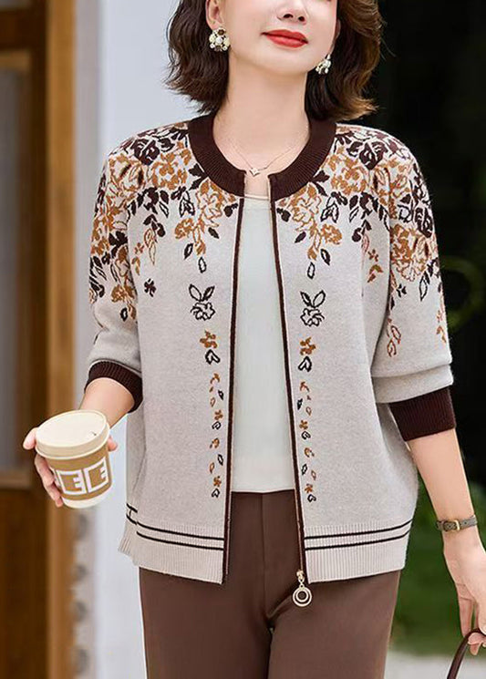 Fine Beige O-Neck Print Cotton Knit Cardigans Fall