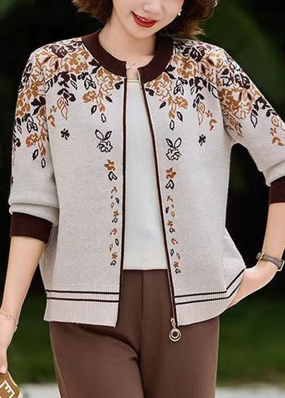 Fine Beige O-Neck Print Cotton Knit Cardigans Fall
