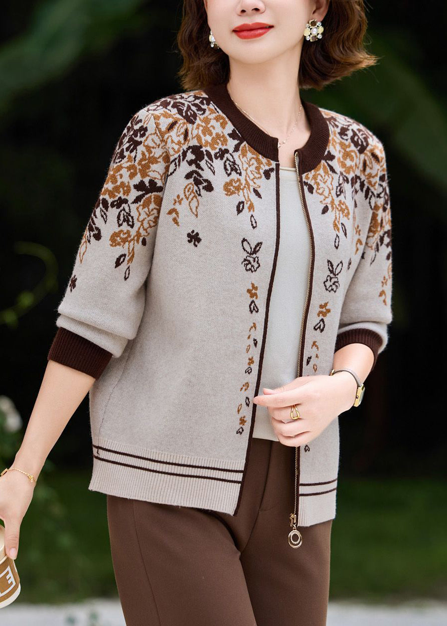 Fine Beige O-Neck Print Cotton Knit Cardigans Fall