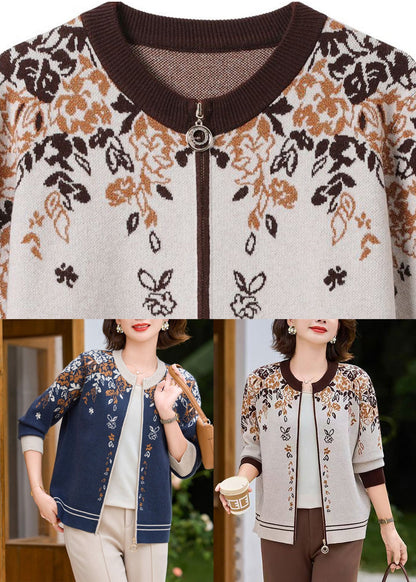 Fine Beige O-Neck Print Cotton Knit Cardigans Fall