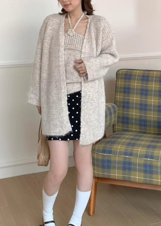 Fine Beige Oversized Floral Knit Halter Two Pieces Set Winter