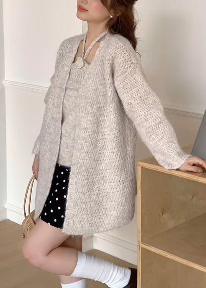 Fine Beige Oversized Floral Knit Halter Two Pieces Set Winter