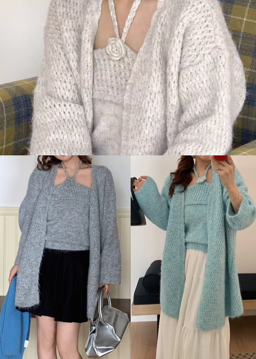 Fine Beige Oversized Floral Knit Halter Two Pieces Set Winter