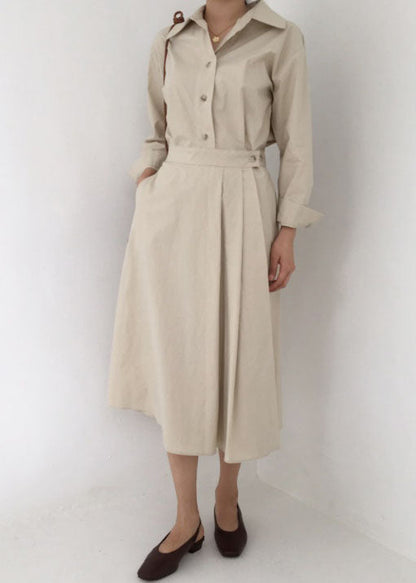 Fine Beige Peter Pan Collar Wrinkled Patchwork Cotton Dress Spring
