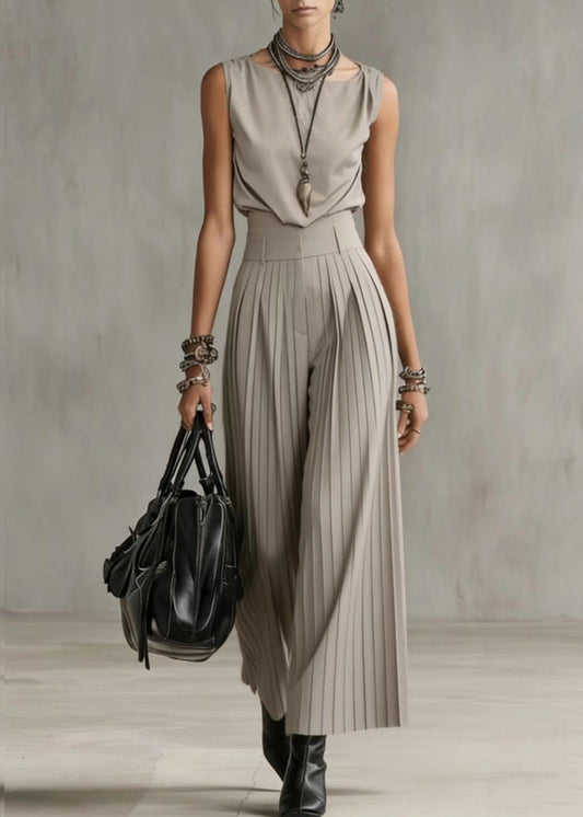 Fine Beige Silm Fit Wrinkled Cotton Two Piece Suit Set Sleeveless