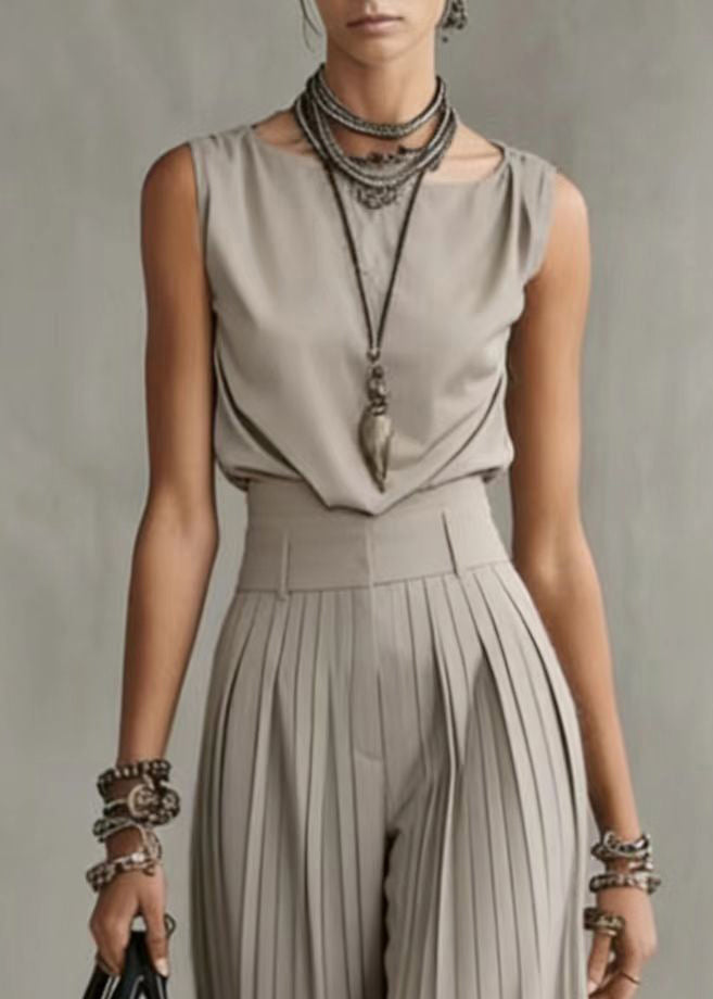 Fine Beige Silm Fit Wrinkled Cotton Two Piece Suit Set Sleeveless