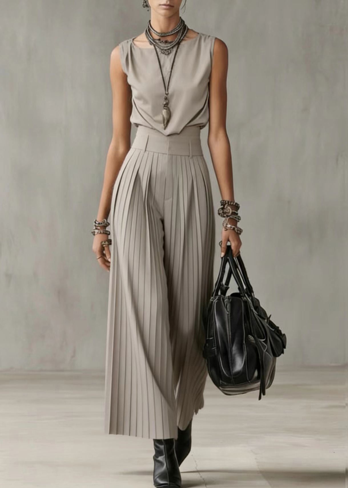 Fine Beige Silm Fit Wrinkled Cotton Two Piece Suit Set Sleeveless