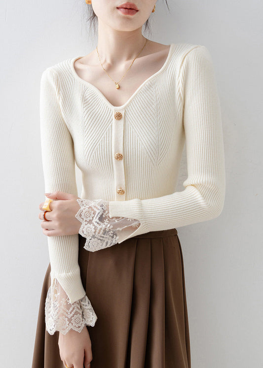 Fine Beige V Neck Lace Patchwork Knit Sweaters Spring