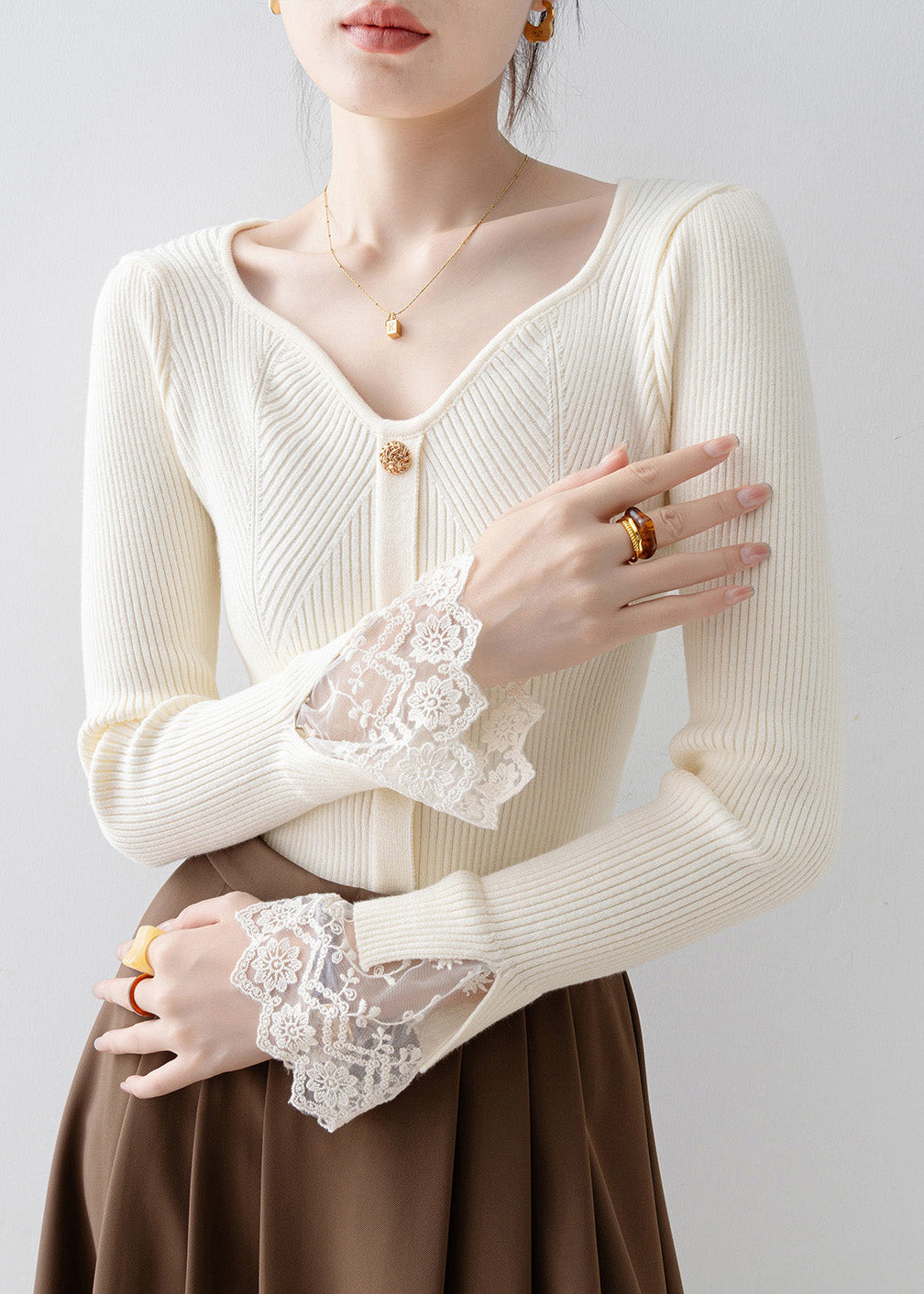 Fine Beige V Neck Lace Patchwork Knit Sweaters Spring