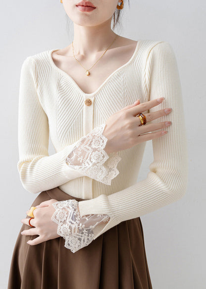 Fine Beige V Neck Lace Patchwork Knit Sweaters Spring